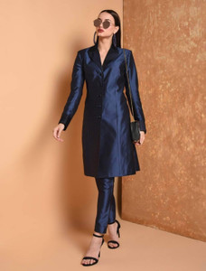 Fifth Avenue Women's TPS511 Blended Silk Kurti and Pants Set - Navy Blue