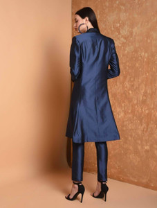 Fifth Avenue Women's TPS511 Blended Silk Kurti and Pants Set - Navy Blue