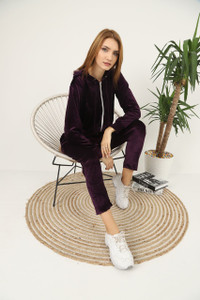Fifth Avenue Womens Long Zip Velvet Hoodie and Pants Co-Ord Set FAVELC19 - Purple