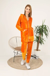 Fifth Avenue Womens Long Zip Velvet Hoodie and Pants Co-Ord Set FAVELC19 - Orange