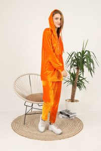 Fifth Avenue Womens Long Zip Velvet Hoodie and Pants Co-Ord Set FAVELC19 - Orange