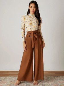Fifth Avenue Women's Elastic Waist Detail Tie Waist Extra Wide Leg Pants FAWLP13