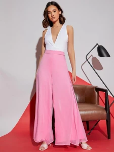 Fifth Avenue Women's Elastic Waist Chiffon Overlay Detail Wide Leg Pants FAWLP22