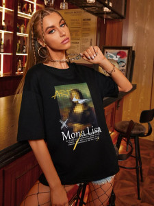 Fifth Avenue DIFT485 Oversized Mona Lisa Printed T-Shirt - Black