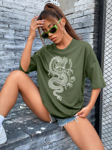 Fifth Avenue DIFT488 Oversized Dragon Printed T-Shirt - Army Green