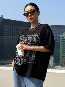 Fifth Avenue DIFT490 Oversized Keep Calm Smiling Printed T-Shirt - Black