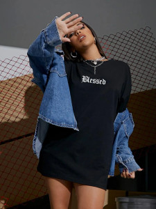 Fifth Avenue DIFT492 Oversized Blessed Printed T-Shirt - Black 