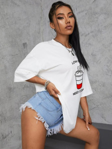 Fifth Avenue DIFT512 Oversized Coffee Printed T-Shirt - White