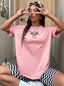 Fifth Avenue DIFT531 Oversized Tennis Printed T-Shirt - Pink