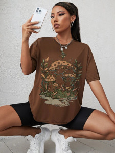 Fifth Avenue DIFT545 Mushroom Printed T-Shirt - Brown