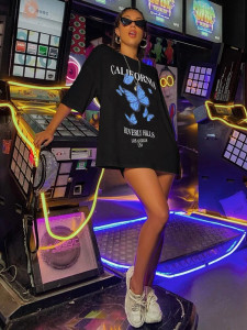 Fifth Avenue DIFT548 California Butterfly Printed Oversized T-Shirt - Black