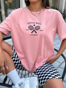 Fifth Avenue DIFT553 Tennis Printed Oversized T-Shirt - Pink