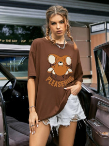 Fifth Avenue DIFT559 Hug Bear Printed Oversized T-Shirt - Brown