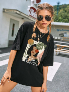 Fifth Avenue DIFT563 Figure Printed Oversized T-Shirt - Black