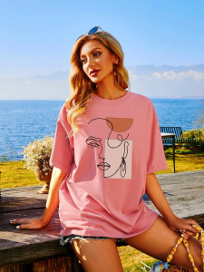 Fifth Avenue DIFT564 Figure Printed Oversized T-Shirt - Pink