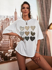 Fifth Avenue DIFT568 Hearts Printed Oversized T-Shirt - White