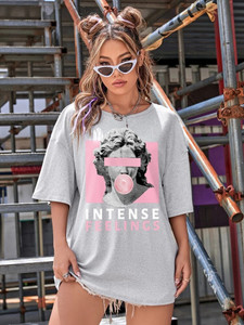 Fifth Avenue DIFT569 Intense Feelings Printed Oversized T-Shirt - Grey