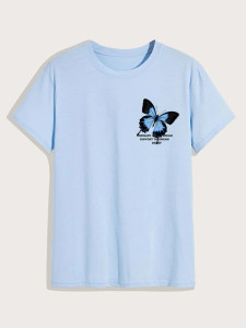 Fifth Avenue Front Back Butterfly Printed MIFT172 T-Shirt - Light Blue