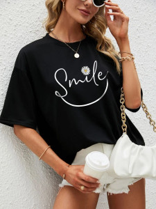 Fifth Avenue DIFT571 Smile Printed Oversized T-Shirt - Black