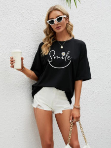 Fifth Avenue DIFT571 Smile Printed Oversized T-Shirt - Black