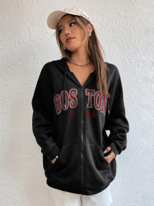 Fifth Avenue DIFT738 Boston Print Zip Hoodie - Black