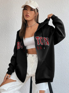 Fifth Avenue DIFT738 Boston Print Zip Hoodie - Black