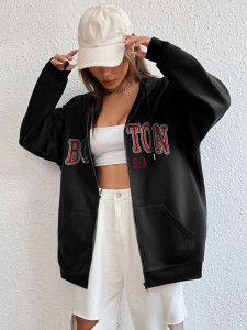 Fifth Avenue DIFT738 Boston Print Zip Hoodie - Black