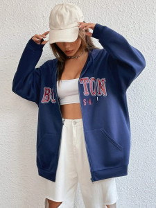 Fifth Avenue DIFT738 Boston Print Zip Hoodie - Navy Blue