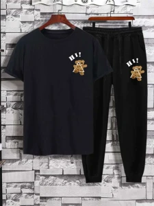 Mens Summer Printed Jogger Pants Co Ord Set by Fifth Avenue MSFACSS45 - Black Black