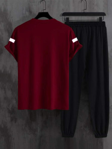 Mens Summer Printed Jogger Pants Co Ord Set by Fifth Avenue MSFACSS48 - Maroon Black