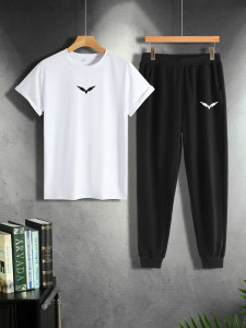 Mens Summer Printed Jogger Pants Co Ord Set by Fifth Avenue MSFACSS56 - White Black