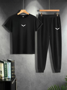 Mens Summer Printed Jogger Pants Co Ord Set by Fifth Avenue MSFACSS56 - Black Black