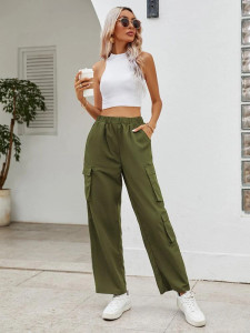 Fifth Avenue Women's Elastic Waist Pocket Detail Wide Leg Pants FAWLP117