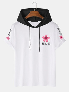 Fifth Avenue Floral Text Print MIFT439 Hooded ROKA T-Shirt - White Black