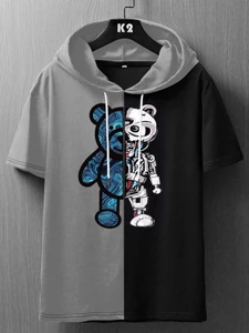 Fifth Avenue ZIMPY Color Block Printed Hooded T-Shirt - Black Grey