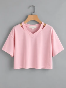 Fifth Avenue Women's ZEBB Slit V Neck Crop Top - Pink