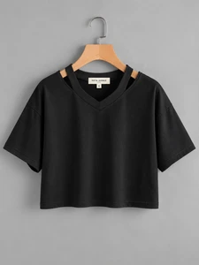 Fifth Avenue Women's ZEBB Slit V Neck Crop Top - Black