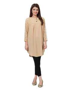 Cream Cotton and Net Top For Women by Tee Tall