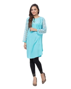 Light Blue Cotton and Net Top For Women by Tee Tall