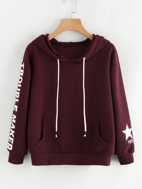 Fifth Avenue Trouble Maker Sleeve Print Hoodie - Maroon
