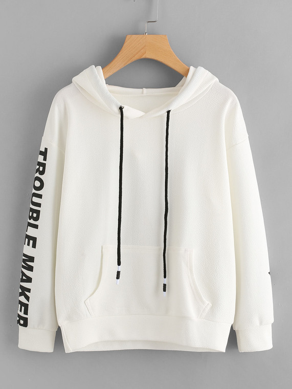 Fifth Avenue Trouble Maker Sleeve Print Hoodie - White