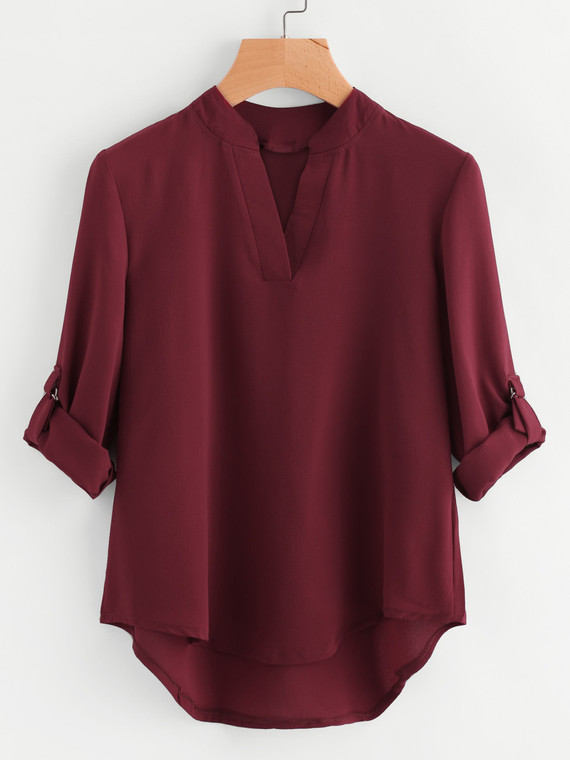 Fifth Avenue Women's Dip Hem Roll Up Sleeve Top - Maroon