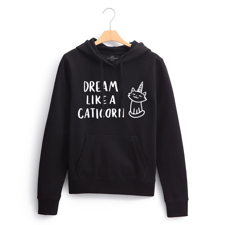 Fifth Avenue Dream Like A Caticorn Print Hoodie - Black