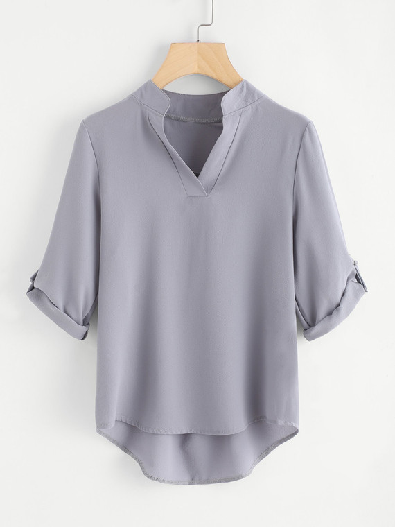 Fifth Avenue Women's Dip Hem Roll Up Sleeve Top - Grey