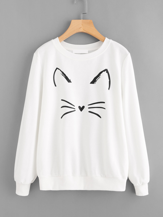 Fifth Avenue Happy Cat Printed Sweatshirt - White