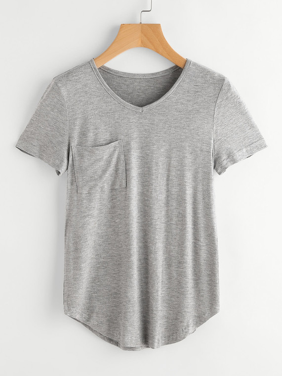 Fifth Avenue Women's Curve Hem V-Neck Pocket T-Shirt - Heather Grey