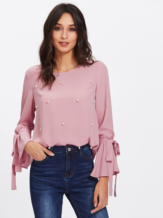 Fifth Avenue Women's Silky Beaded Tie Cuff Shirt - Pink