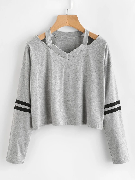 Fifth Avenue Women's ZYRE Full Sleeve Slit Neck Sleeve Striped T-Shirt - Grey
