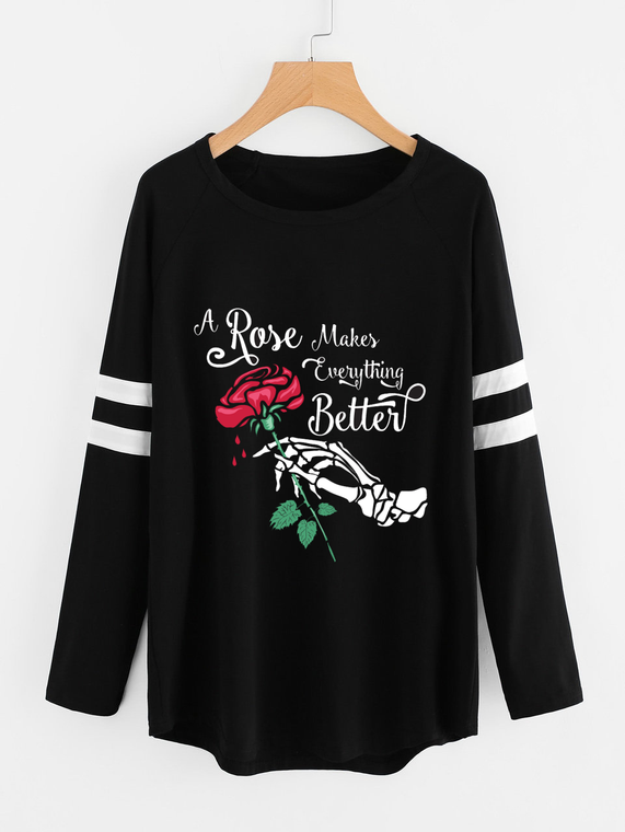 Fifth Avenue Women's NAZA Full Sleeve Rose Makes Everything Better Vector Printed T-Shirt - Black