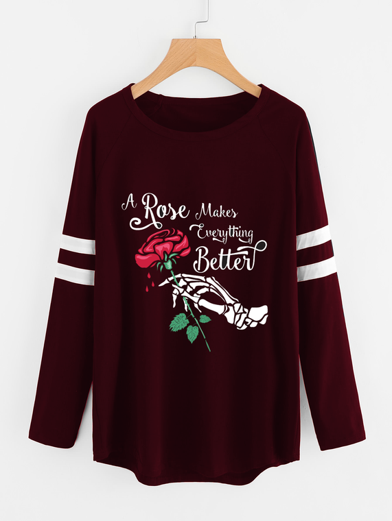 Fifth Avenue Women's NAZA Full Sleeve Rose Makes Everything Better Vector Printed T-Shirt - Maroon